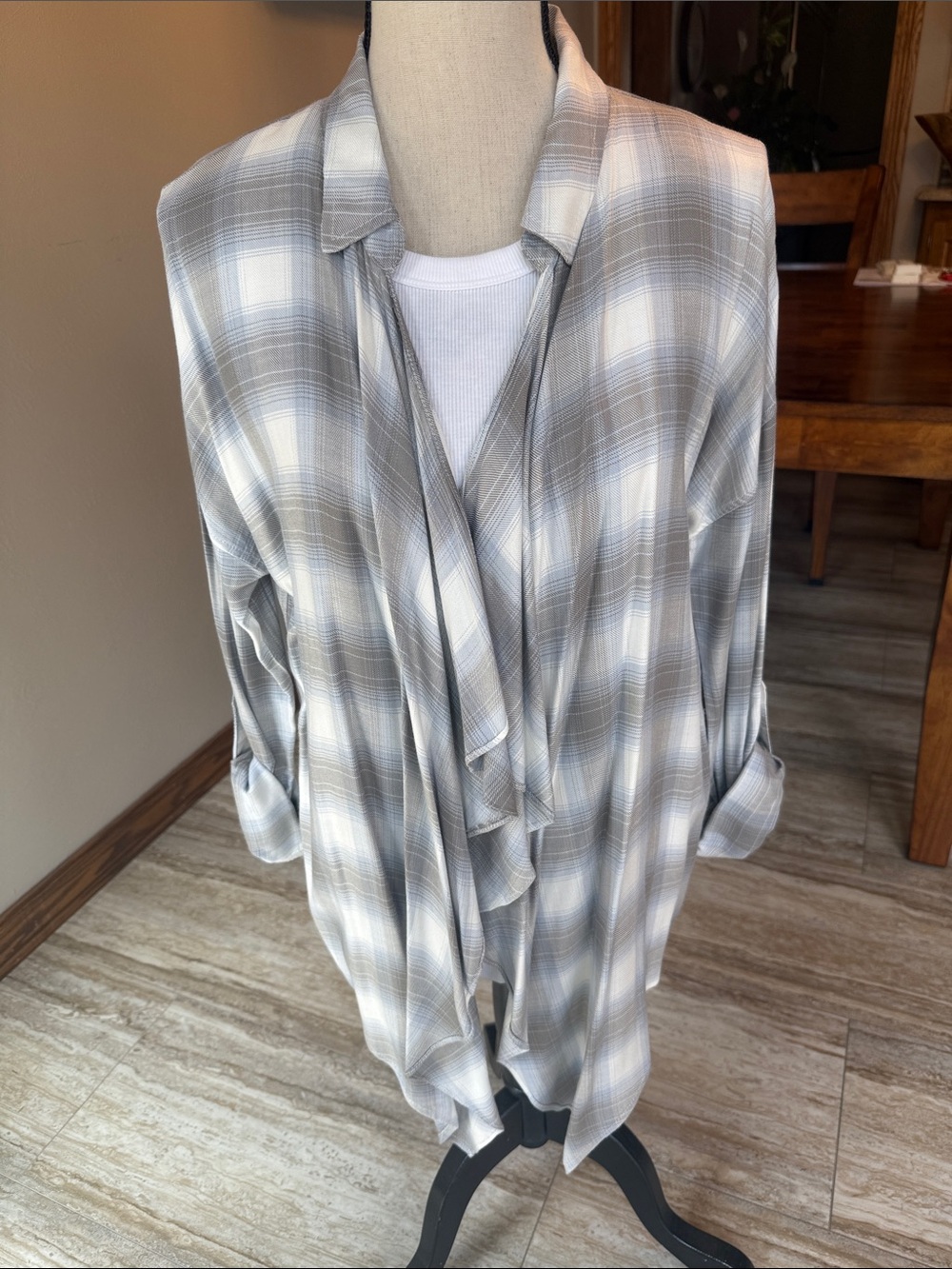 Elan Gray White Plaid Draped Open-Front Top